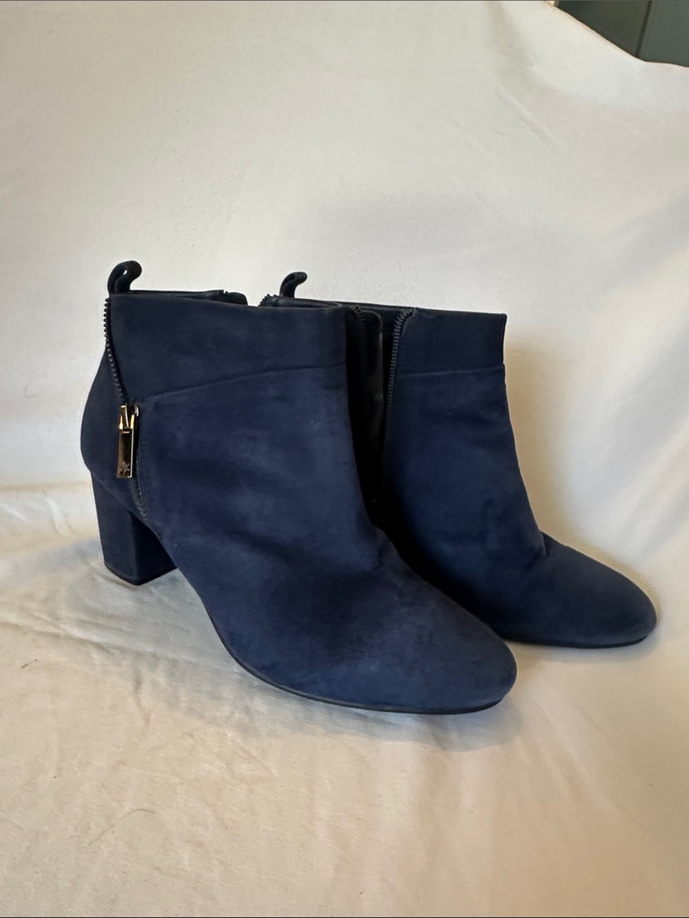 Women's Navy Suede Ankle Booties with Block Heel
